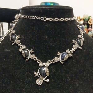 Silver-tone Blue Sandstone Owl Necklace